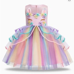 NEW! Little Girl Princess Unicorn Frilled Colorful Rainbow Mesh Hem Ball Gown